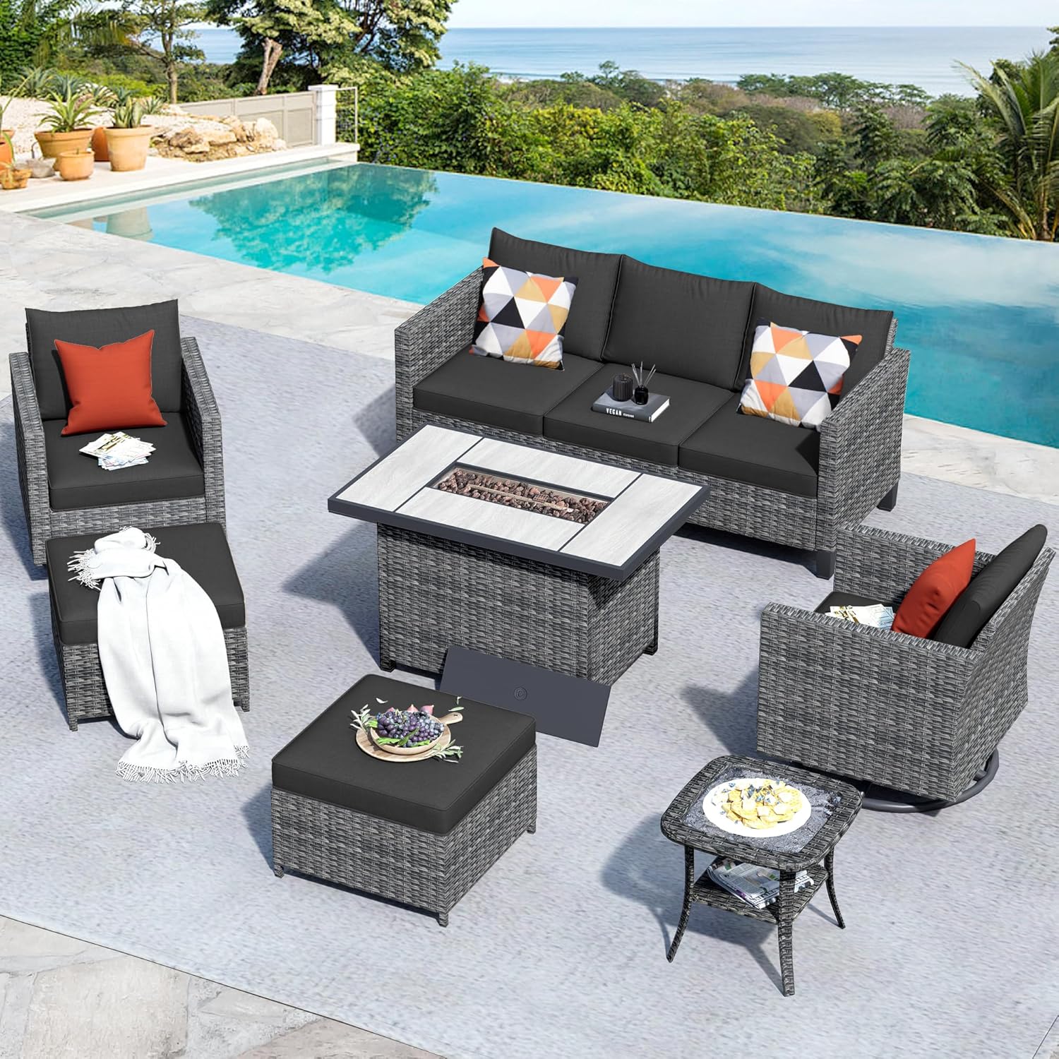 HOOOWOOO Patio Outdoor Conversation Set with Fire Pit Table,7 Pieces Outside Furniture Sofa Set with PE Wicker Swivel Rocking Chairs,Gas Fire Pit Table,Side Table and Ottomans,Black
