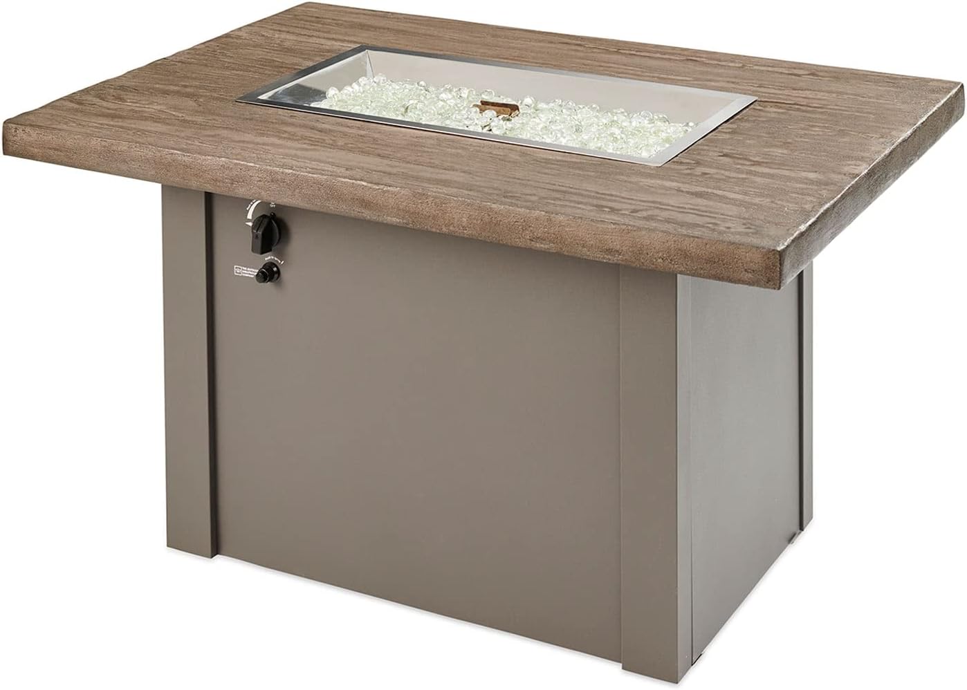 Outdoor GreatRoom Co Propane Fire Pit Table - Havenwood Gas Fire Pits for Outside Patio - 44 Inch Rectangular Driftwood Concrete Firepit Fire Table, Glass Tabletop Cover, Grey Metal Base, 55,000 BTU