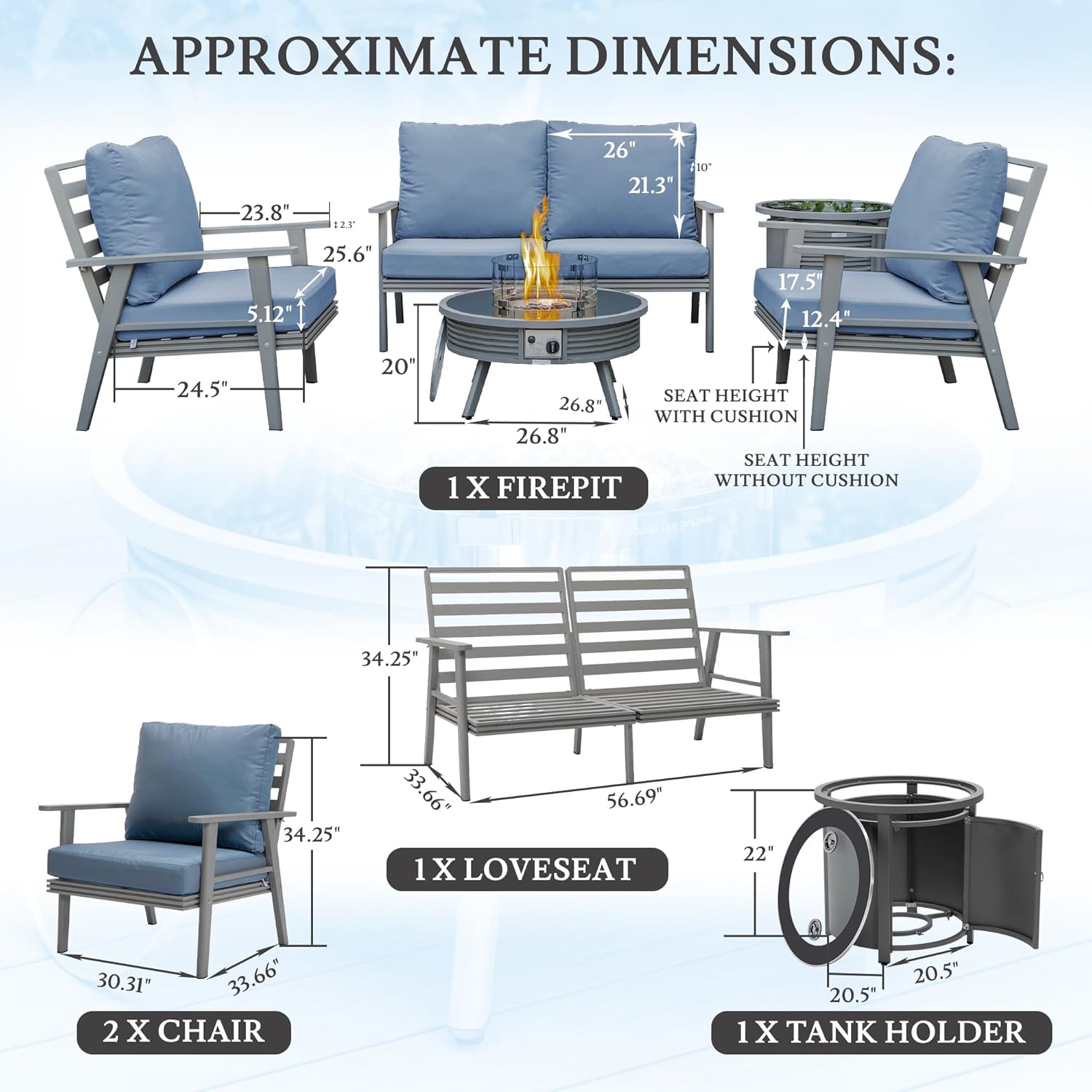LeisureMod Walbrooke Modern Aluminum 5-Piece Patio Conversation Set with Outdoor Round Fire Pit Slats Design & Side Table Tank Holder, Navy Blue