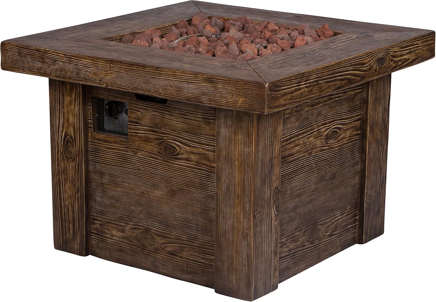 Shine Company Merida 34.5 in Square 50,000 BTU Outdoor Glass Reinforced Concrete Propane Gas Fire Pit Table w/GFRC Tabletop, Stainless Steel Burner, Lava Rocks, Natural Wood Look -Brown