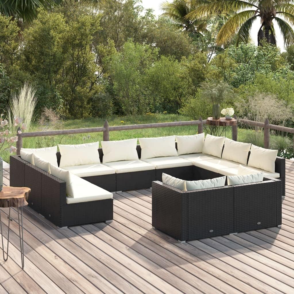 11 Piece Patio Lounge Set with Cushions Black Poly Rattan,Premium Modular Patio Lounge Set with Comfortable Cushions for Outdoor Relaxation Patio Furniture, Outdoor Furniture Sets