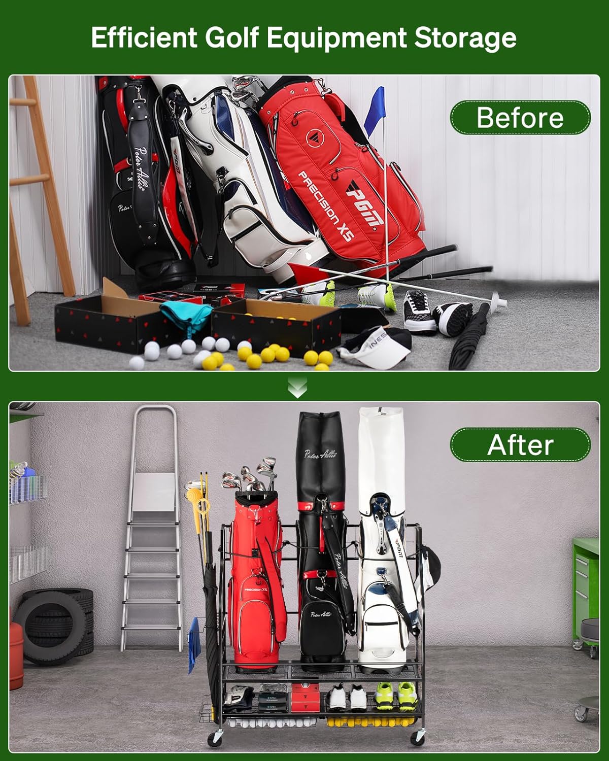 Golf Bag Storage Garage Organizer- Golf Bag Stand Fit for Golf Bags, Golf Clubs, Golf Balls, Golf Equipment Accessories, Golf Bag Storage Rack with Wheels for Garage