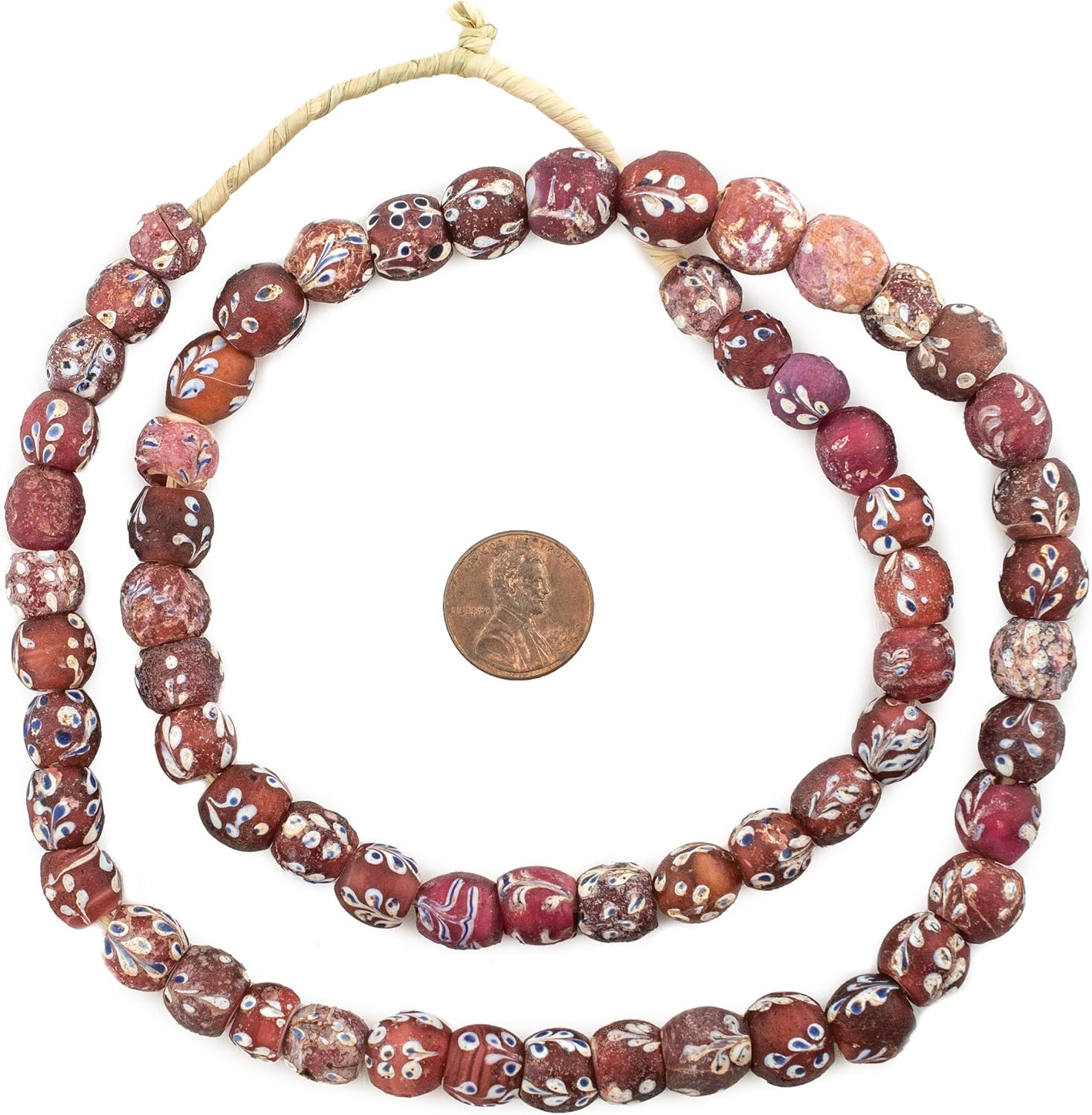 The Bead Chest Antique Venetian Flower White Heart Beads 11mm Ethiopia African Red Round Glass Large Hole 25 Inch Strand Handmade