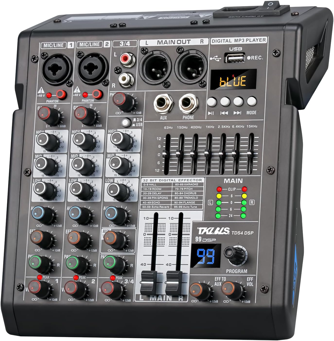 Audio Mixer, 4 Channel Sound Board Mixing Console with 99-Bit DSP, 7-Band Eq Output, Digital MP3 Computer Input, Professional DJ Mixer Board with 48V Phantom Power Stereofor Recording Live