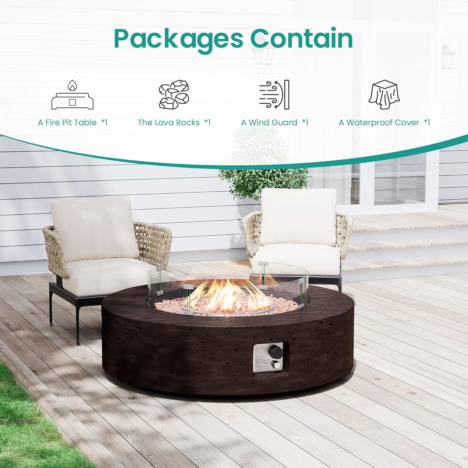 SUNBURY Propane Outdoor Fire Pit, Gas Patio Fire Table 50,000 BTU Concrete Travertine Design, CSA Certified, 42in Round Firepit with Lava Rocks, Wind Guard, Waterproof Cover (Brown)
