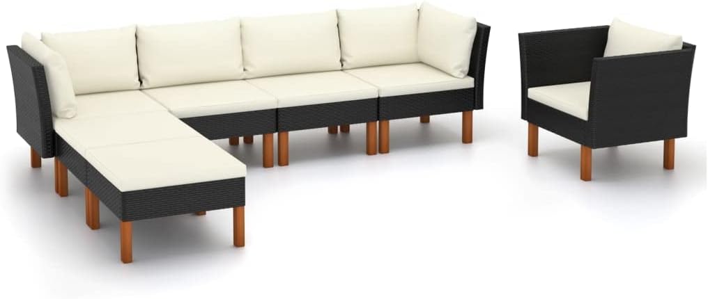 7 Piece Patio Lounge Set Poly Rattan and Eucalyptus Wood Black,Modern and Comfortable Patio Lounge Set for Relaxation and Entertainment Outdoor Furniture Sets, Patio Furniture