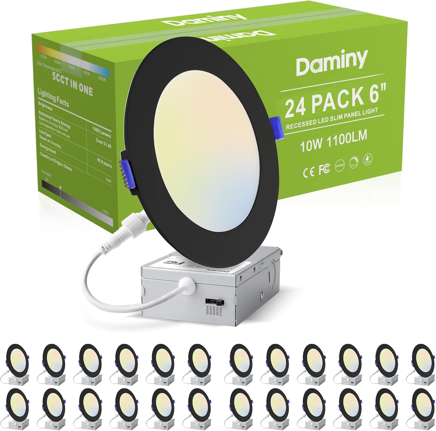 DAMINY 24 Pack 6 Inch Black LED Recessed Lighting with Junction Box,5CCT,Ultra-Thin Recessed Light,10W 1100LM, Dimmable Canless Wafer Ceiling Light, High Brightness