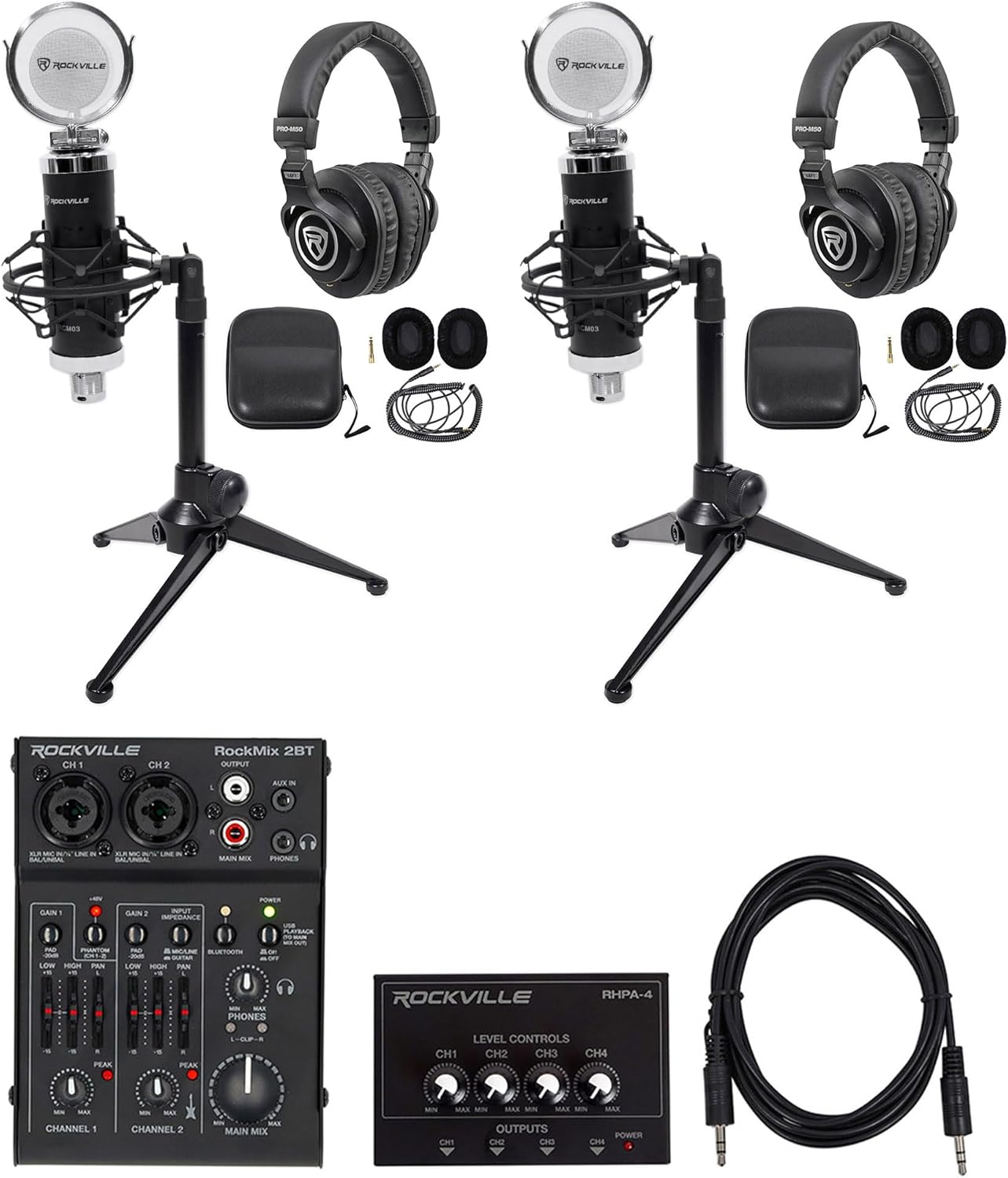 Rockville Bundle: RockMix 2BT Recording Mixer Bundle with (2) RCM03 Mics and (2) PRO-M50 Headphones and RHPA4 Amp & TS1224 Cable and (2) RDTS Stands (9 Items)