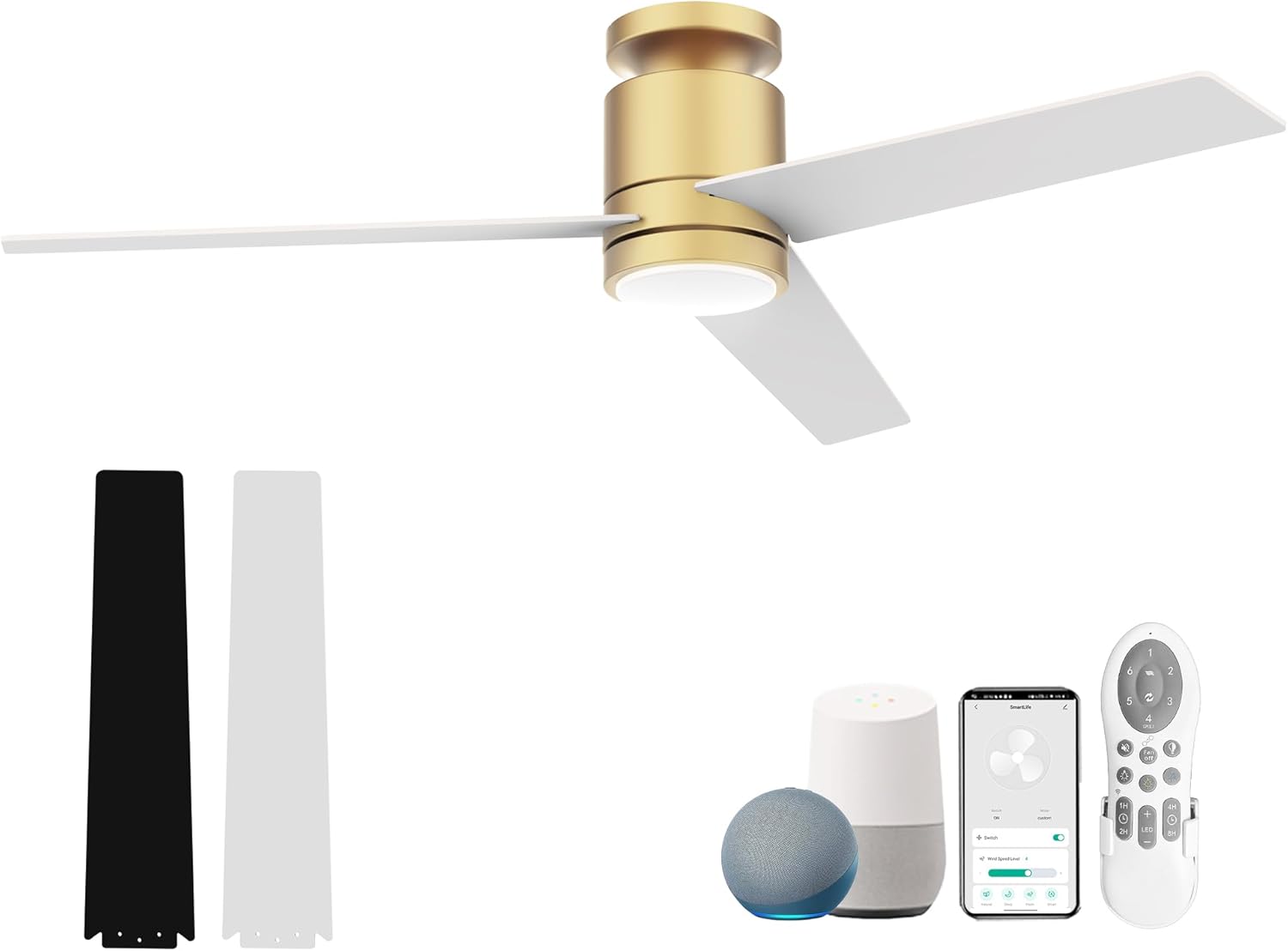 52” Smart Flush Mount Ceiling Fans with Lights Remote,Quiet DC Motor,Outdoor Indoor Low Profile Ceiling Fan,Voice Control via WiFi Alexa App,Modern Gold and White Black Fan for Bedroom Patio