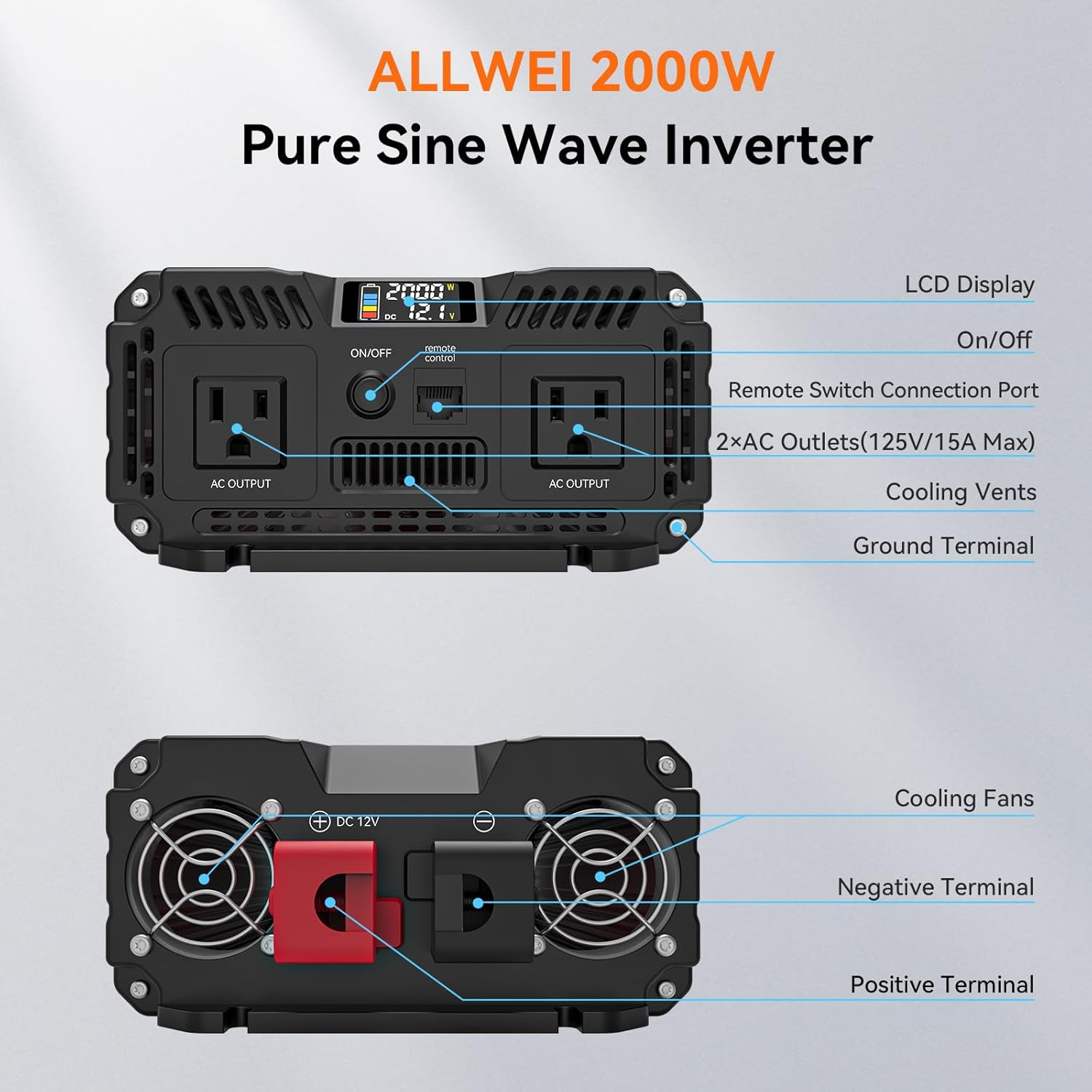 ALLWEI 2000W Pure Sine Wave Inverter 12V DC to 110V/120V AC Converter, Surge 4000W, 2 AC Sockets, LCD Display, Power Inverters for Vehicles, RV Truck Home Solar & Off-Grid Inverter, Remote Controller