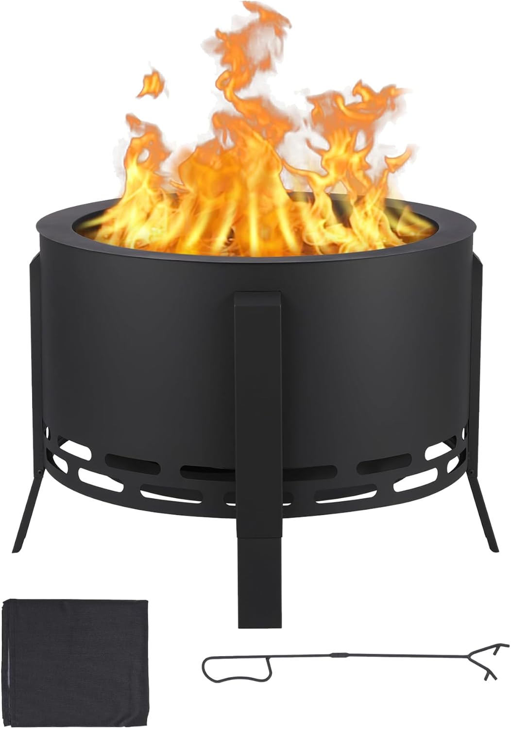 26 Inch Smokeless Fire Pit Stove Bonfire, Outdoor Steel Fire Pit with Adjustable Foot, Fire Poker and Dust Bag, Large Firepits for Outside Wood Burning Black