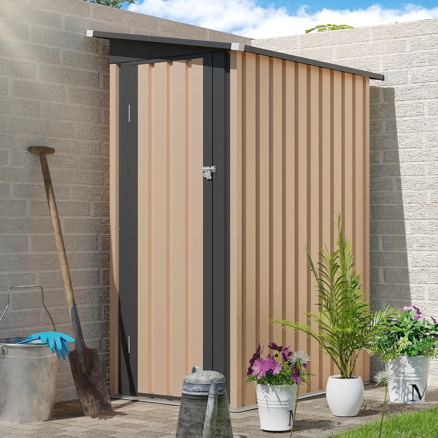 4.27x2.42FTOutdoor Storage Shed, Utility Tool Shed with Door & Lock Metal Storage Garden Shed for Patio Storage (Black+Brown+1, 4.27FT x2.42FT)
