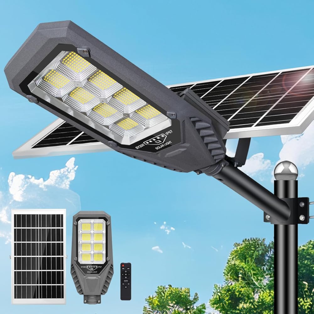 Solar Street Lights Outdoor, 4600W Solar Powered Flood Lights IP67 Waterproof 6500K 504 LEDs Commercial Security Light with Remote Control Dusk to Dawn for Parking Lot Yard Garden Garage etc.