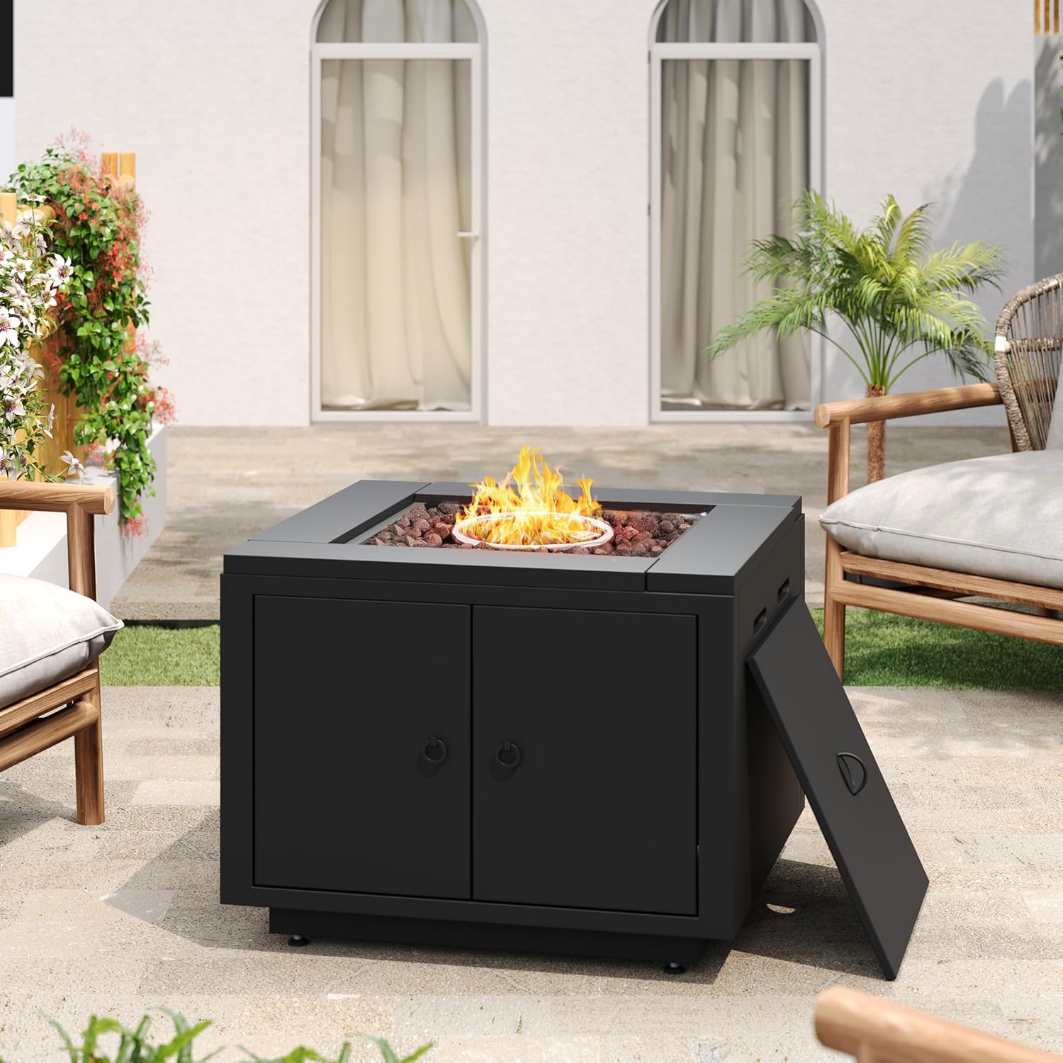30inch Sleek Square Steel Fire Pit Table in Black with Lava Rocks and Protect Cover for Patio and Deck, 40000BTU N772P300410B
