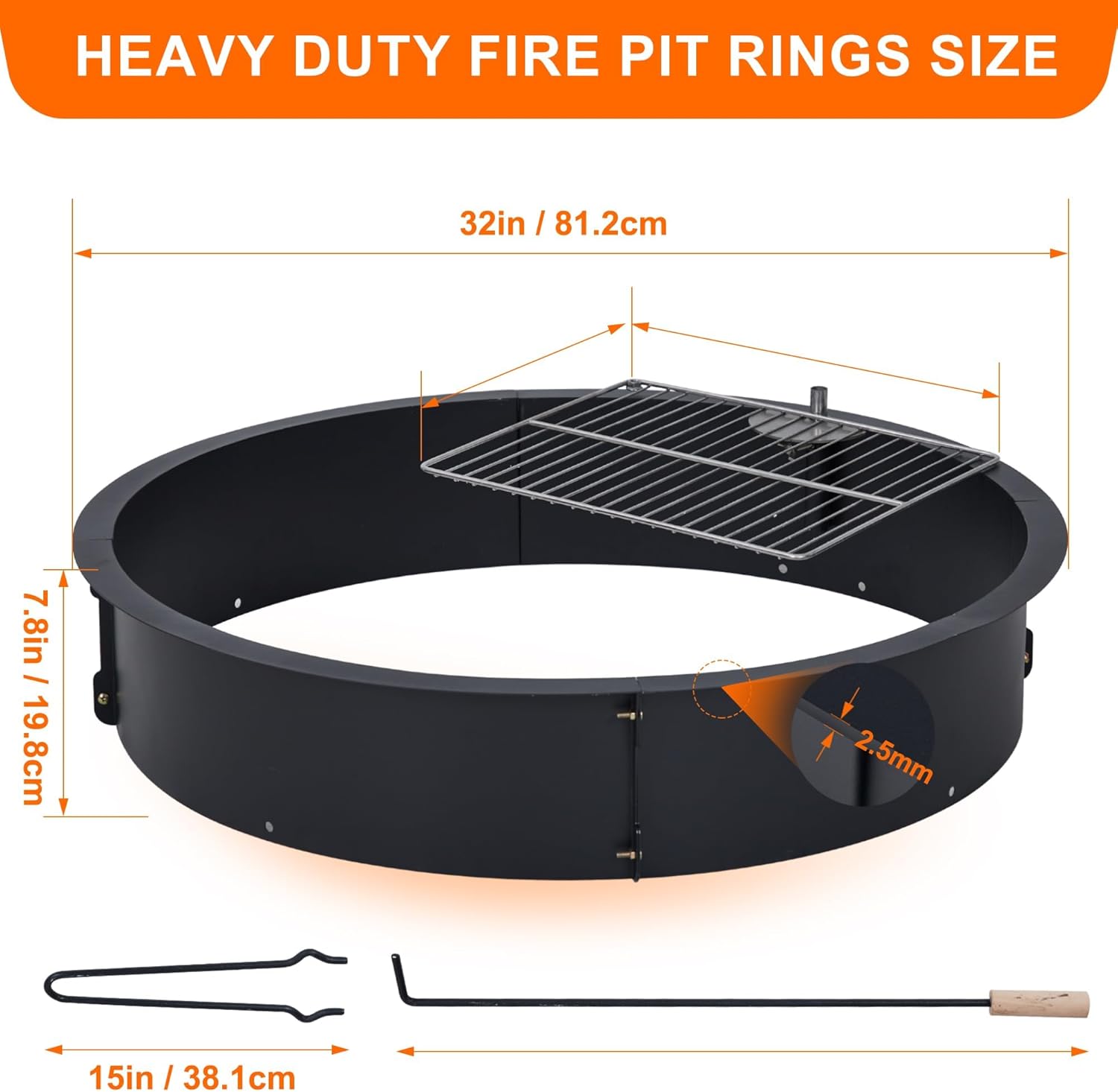 32 Inch Fire Pit Ring for Outside, Heavy Duty Metal Steel Round Firepit Rim Insert for DIY Fire Pits, Outdoor Above or In-Ground, Camping Garden Patio Backyard
