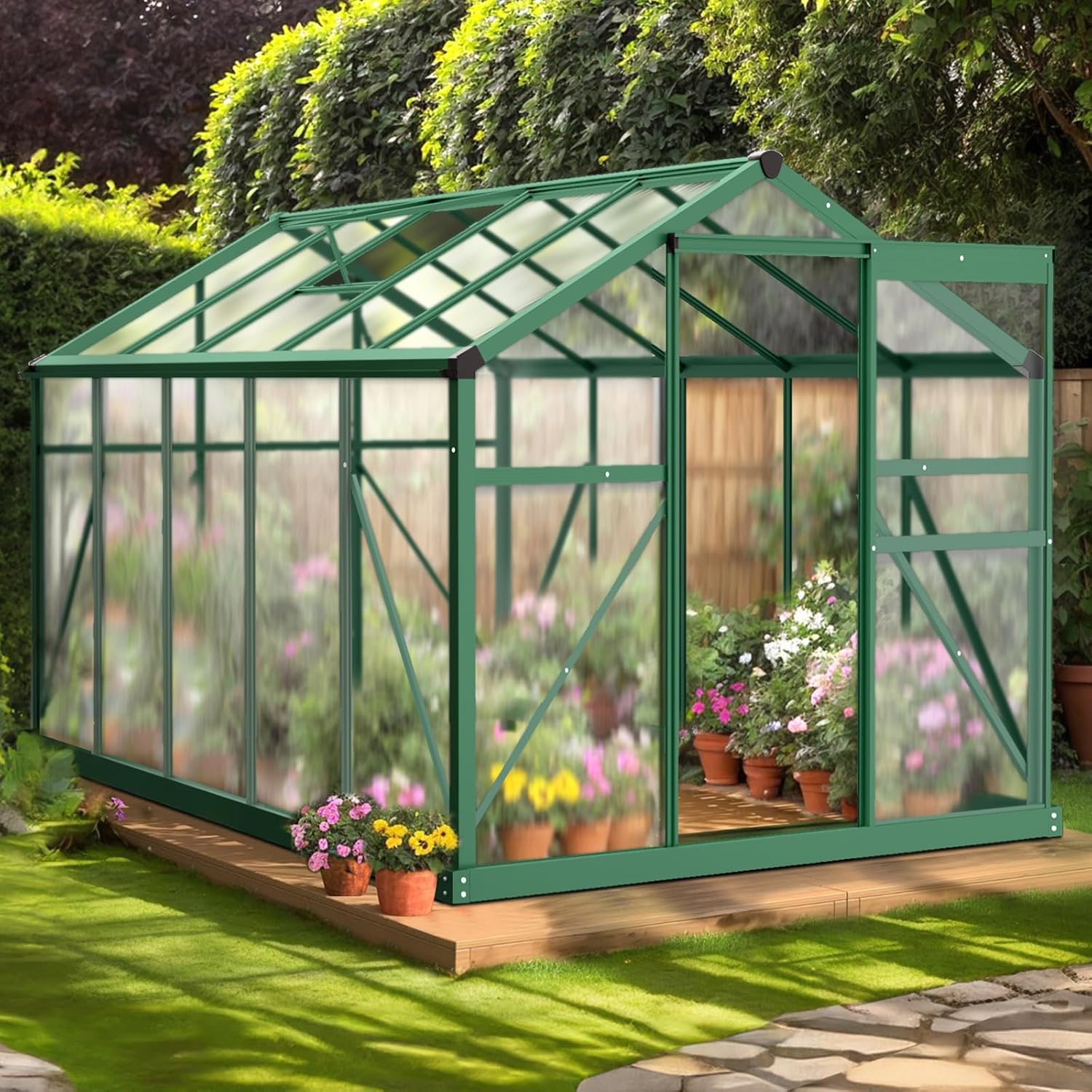 VINGLI Greenhouse, 6x10 FT Heavy Duty Polycarbonate Greenhouse with 5 Roof Vents, Aluminum Frame, Sliding Doors, Green