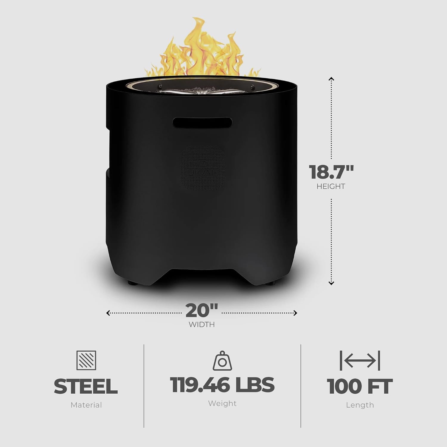 Ukiah Co. Voyager II Rechargeable Wireless Bluetooth 4 Mode Tabletop Propane Fire Pit Speaker Sound System with Lava Rocks and Cover, Black