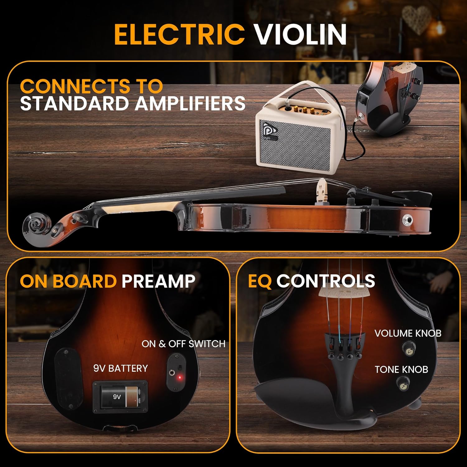Pyle 4/4 Silent Electric Violin with Amplifier Kit, Solid Wood Fiddle with 10W Amp and Complete Accessories, Full Size Orchestral String Instrument For Beginner & Professional Use