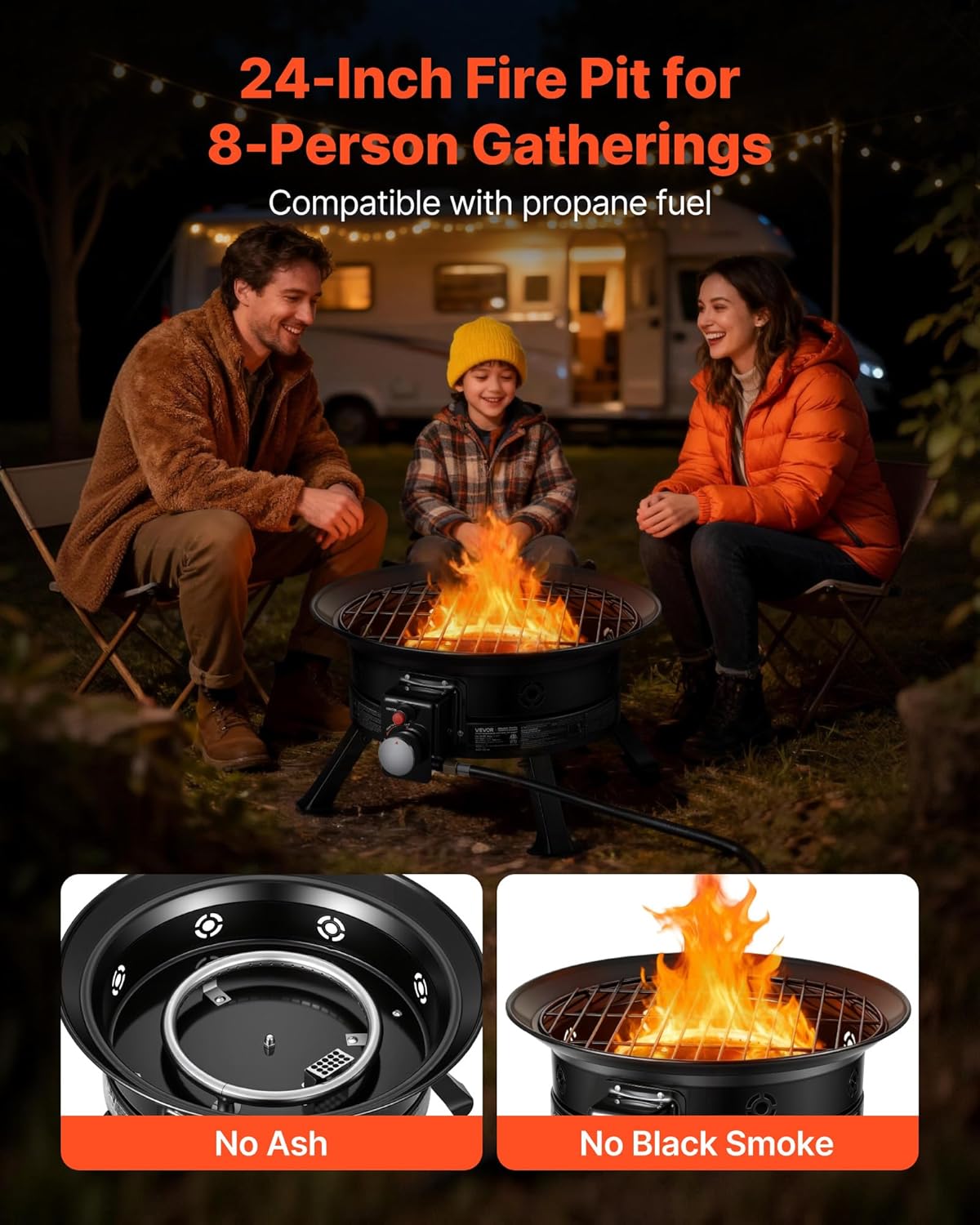 VEVOR Propane Fire Pit 24-Inch, 53,000 BTU Portable Gas Fire Pit, with Grill Grate & Lava Rocks, Adjustable Flame, Folding Legs,Smokeless Outdoor Firebowl for Camping, Patio, Backyard, Deck, RV, Black