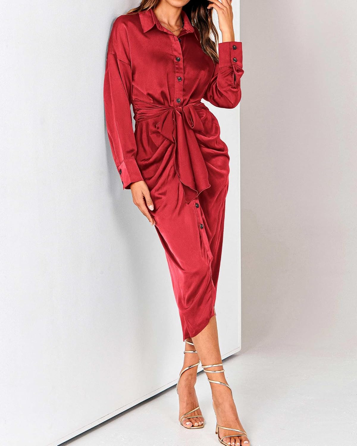 BTFBM Summer Dresses for Women 2026 Long Sleeve Lapel V Neck Button Down Elegant Belted Ruched Satin Shirt Spring Dress