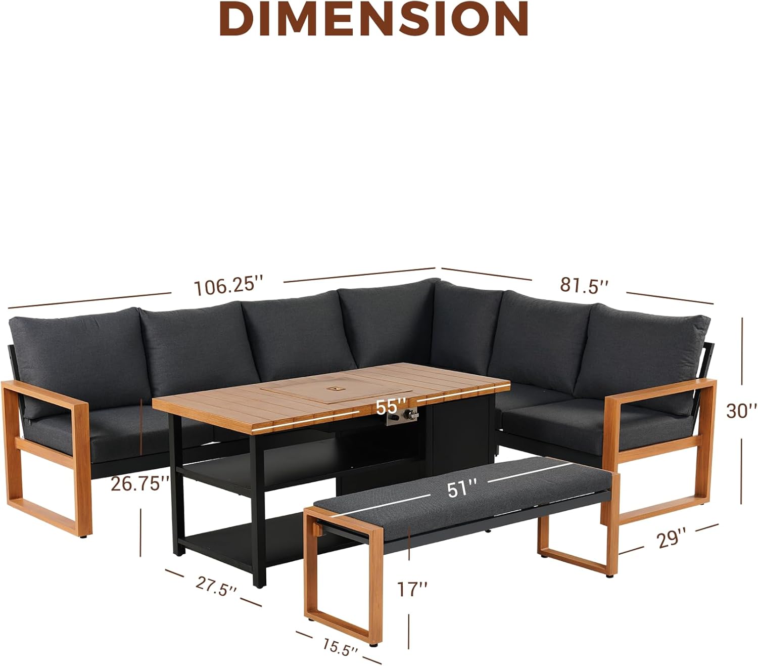 Grand patio 4-Piece Outdoor Furniture Set with Gas Fire Pit Table, Aluminum Patio Sofa Set for 8 with Faux Wood Grain Finish, Modern Patio Couch Sofa with Outdoor Bench and Chaise for Backyard