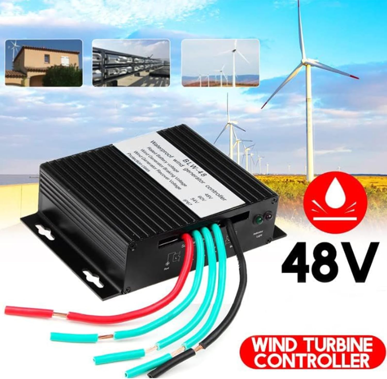 3000W DC 12V 24V AUTO 48V Wind Turbines Generator Charge Controller, 10A-40A IP67 Waterproof Battery Charge Controller Regulator (48V)