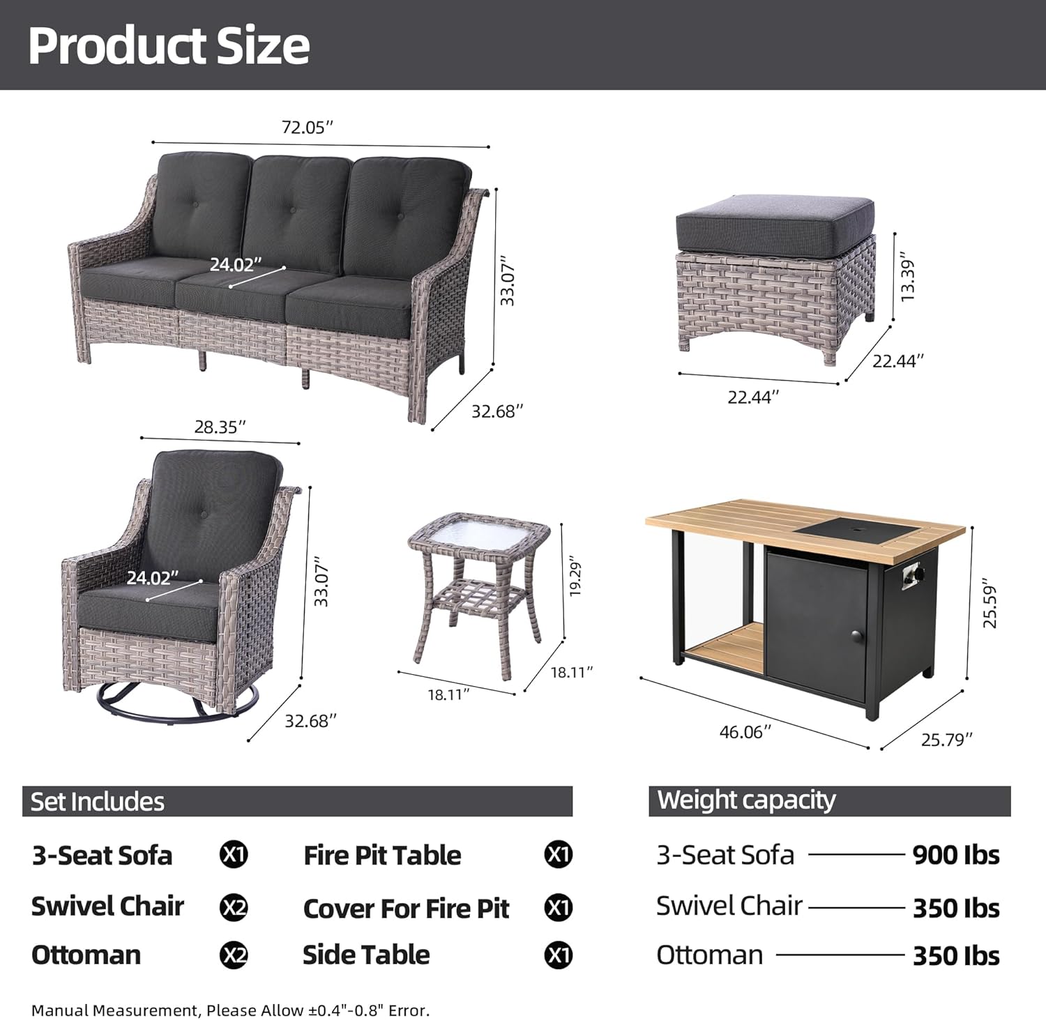 Patio Furniture Sets,Outdoor Sofa with Swivel Rocker Chairs and Fire Pit Table,7 Pieces All Weather PE Wicker Conversation Set and Matching Side Table,Grey Wicker Black Cushion