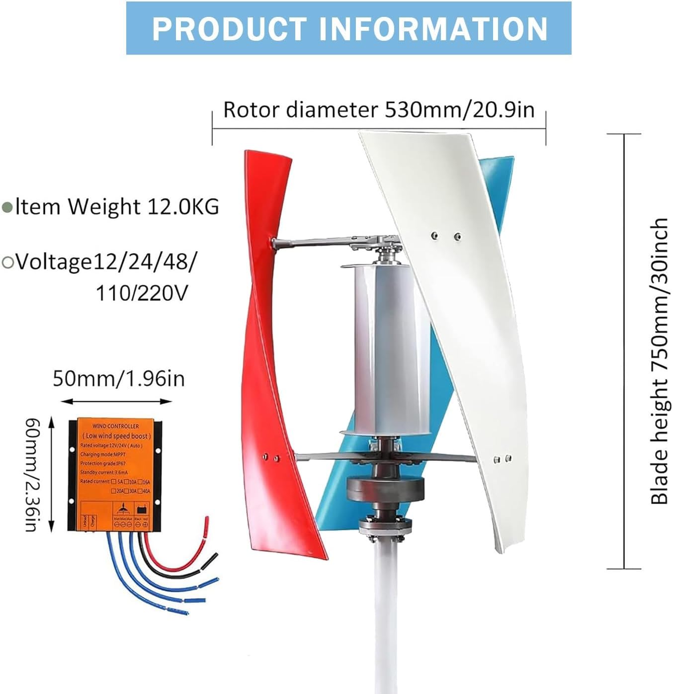 18000W Vertical Wind Turbine Generator Kit - 3 Blade Power Turbine with Controller for 12V/24V/48V - Ideal for Boats, Cabins, Gazebos, and Industrial Energy Solutions