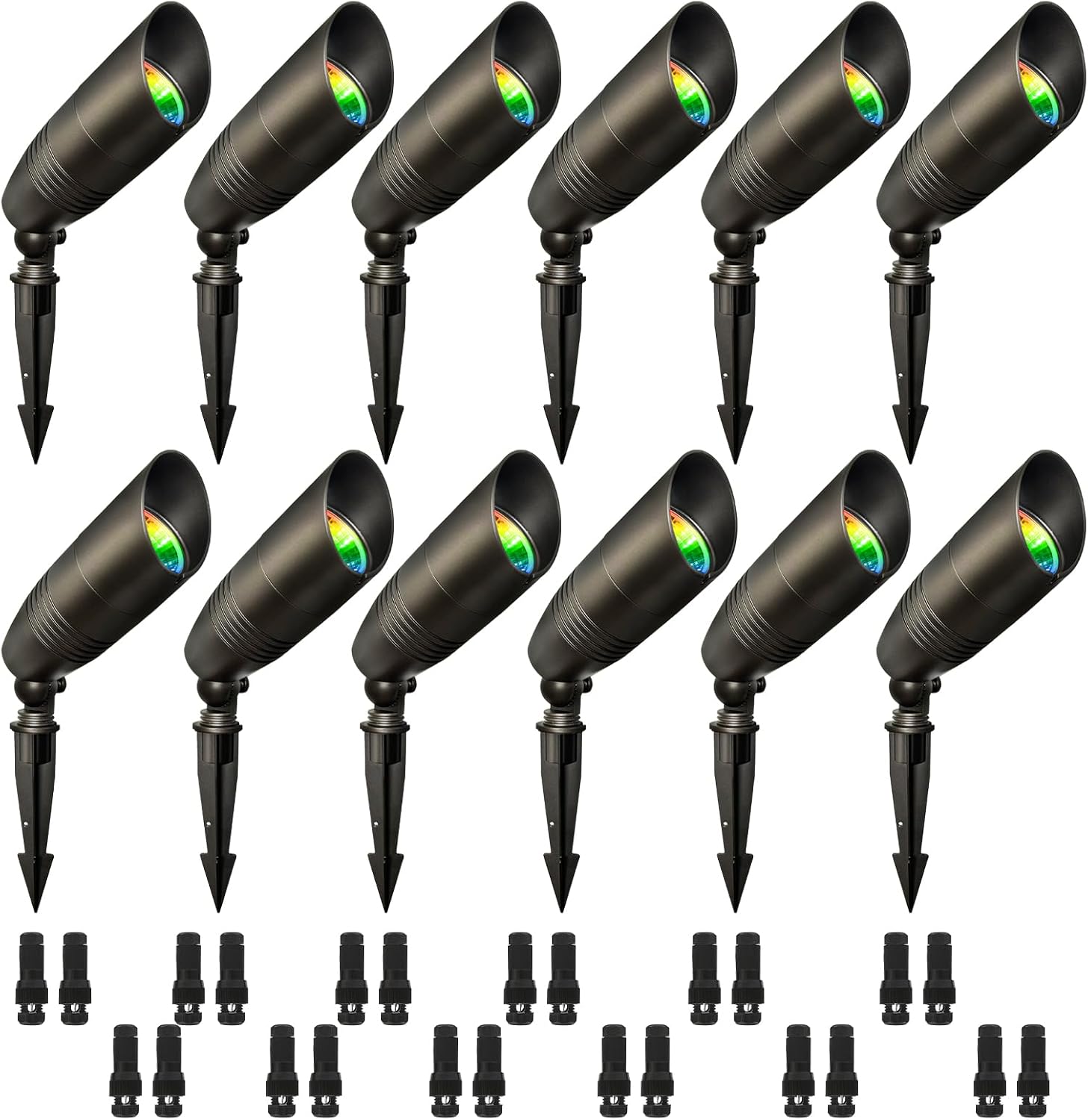 12-Pack Low Voltage Landscape Lighting With RGB+CCT Color Changing, 5W, 12-24V AC/DC, IP65 Waterproof, CRI 90+, Landscape Spot Lights Outdoor for Garden and Yard Uplighting, Bronze, ETL Listed
