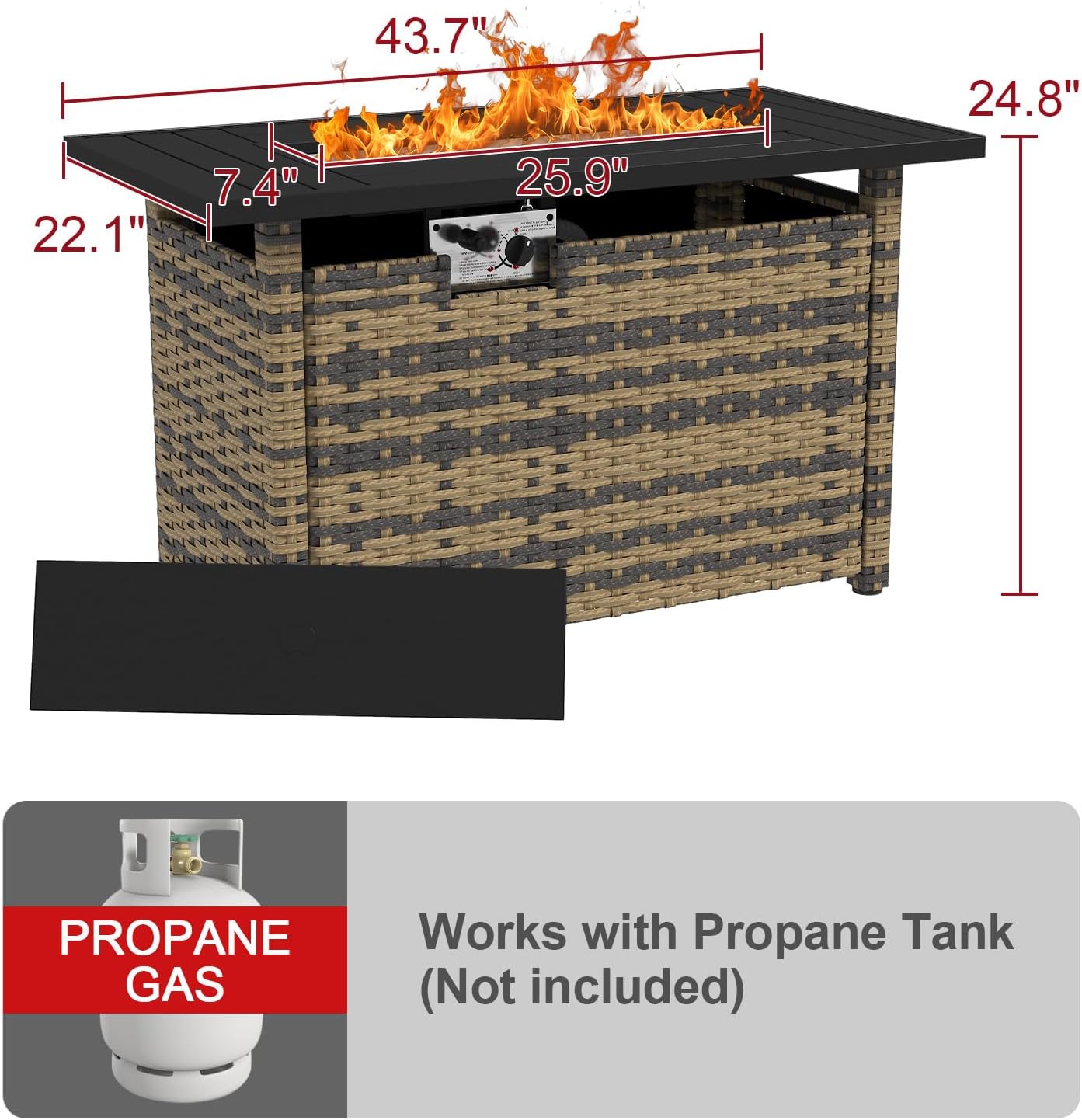 44IN Yellow-Brown Wicker Gas Fire Pit Table with Side Door, Propane Powered, 50000 Btu