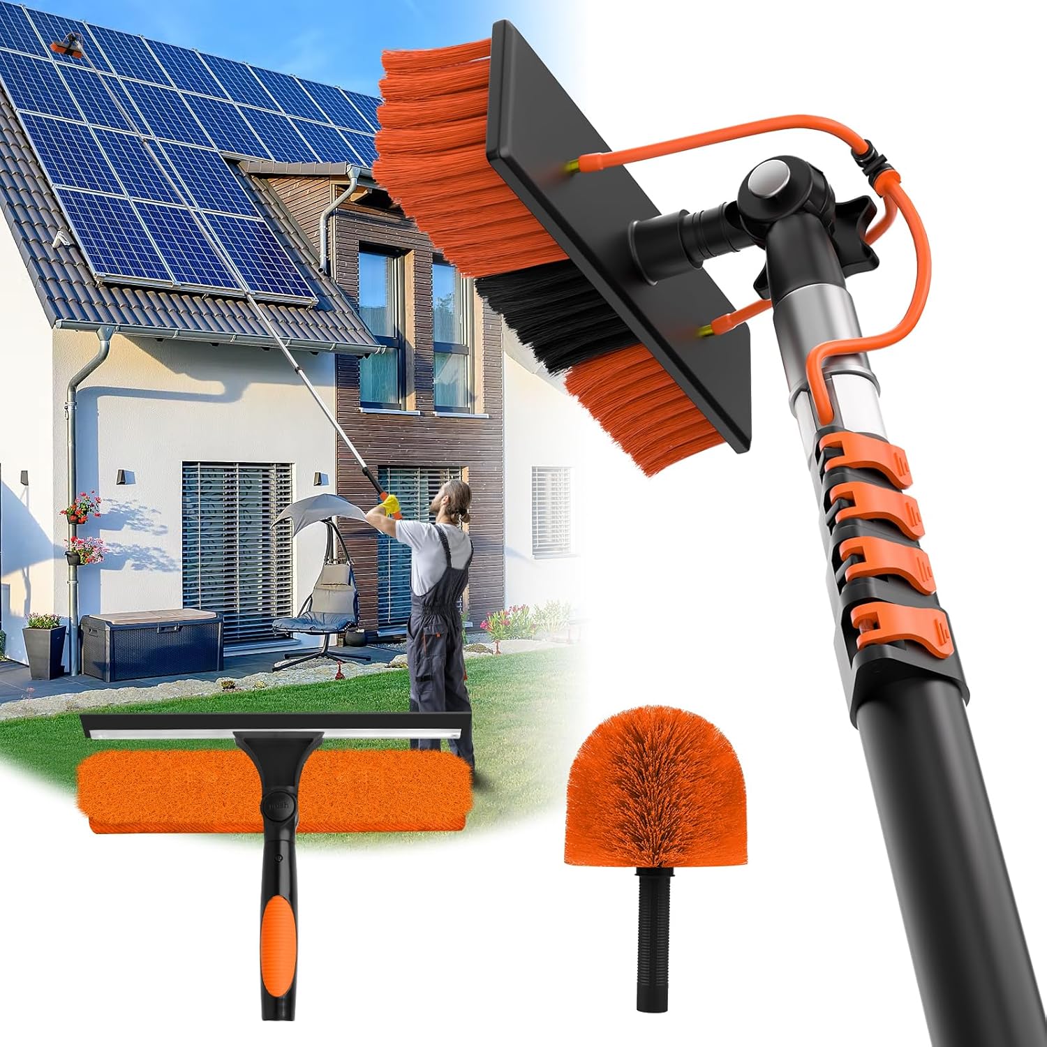 20FT Water Fed Solar Panel Cleaner Brush and Pole,Solar Panel Cleaning Kit with Telescopic Pole & Cleaner Solution Dispenser,180°Rotatable Solar Cleaning Brush with Lightweight Pole for RV,Boat,Deck