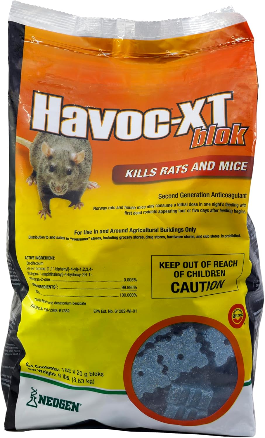 Neogen RODENTICIDE Havoc XT Rat Bait Block Pouch, 8-Pound (00595), blue