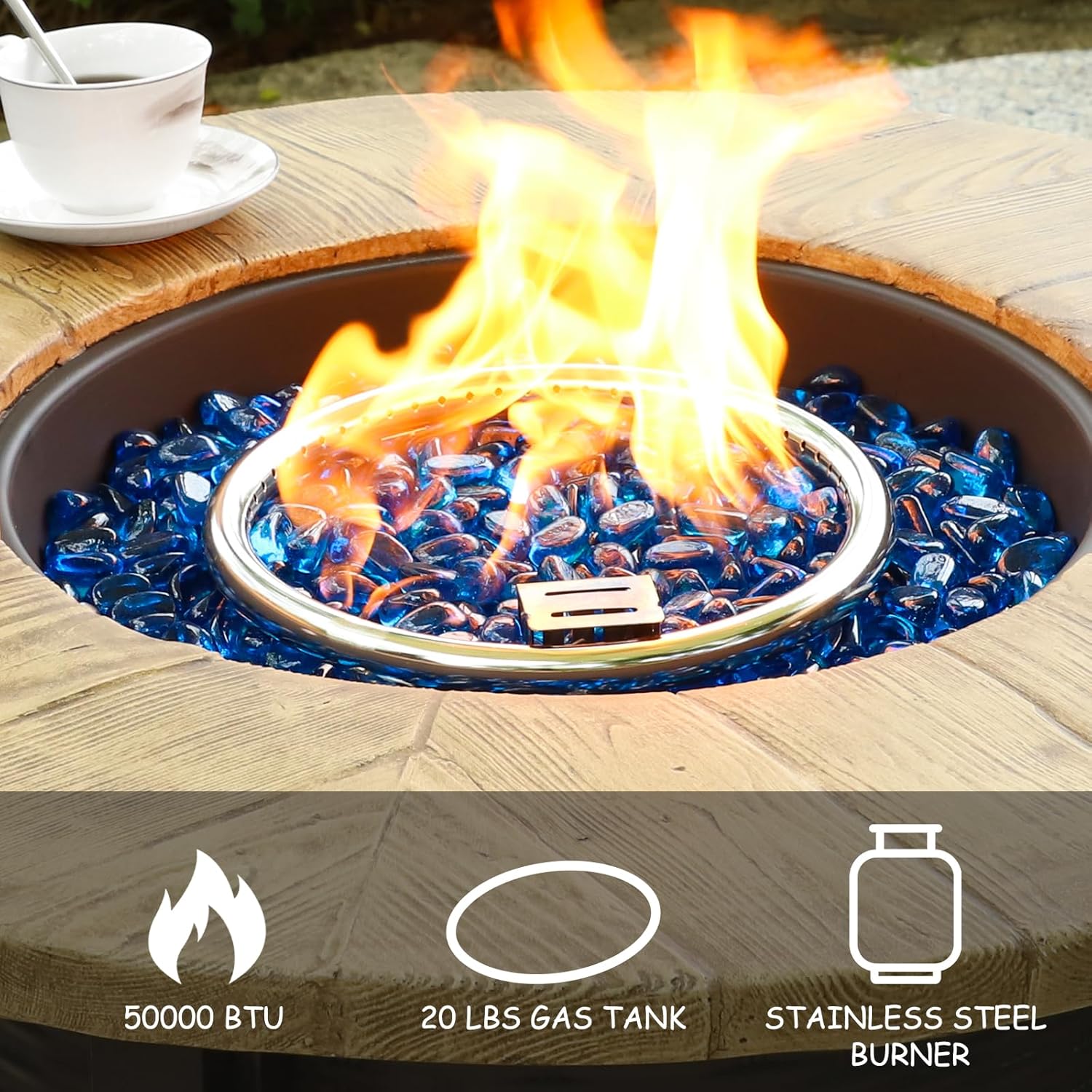 30 Inch Round Propane Fire Pit Table,50,000 BTU Iron Gas Fire Pit with Lid,Ignition Systems,w/Glass Stones and Rain Cover,Outdoor Firepit Table for Patio & Deck