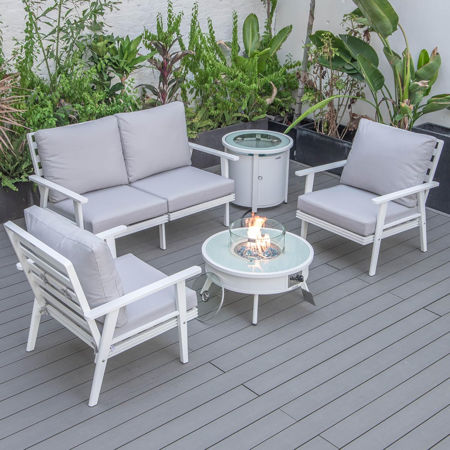 LeisureMod Walbrooke Modern Aluminum 5-Piece Patio Conversation Set with Outdoor Round Firepit Table & Side Table Tank Holder (Light Grey)