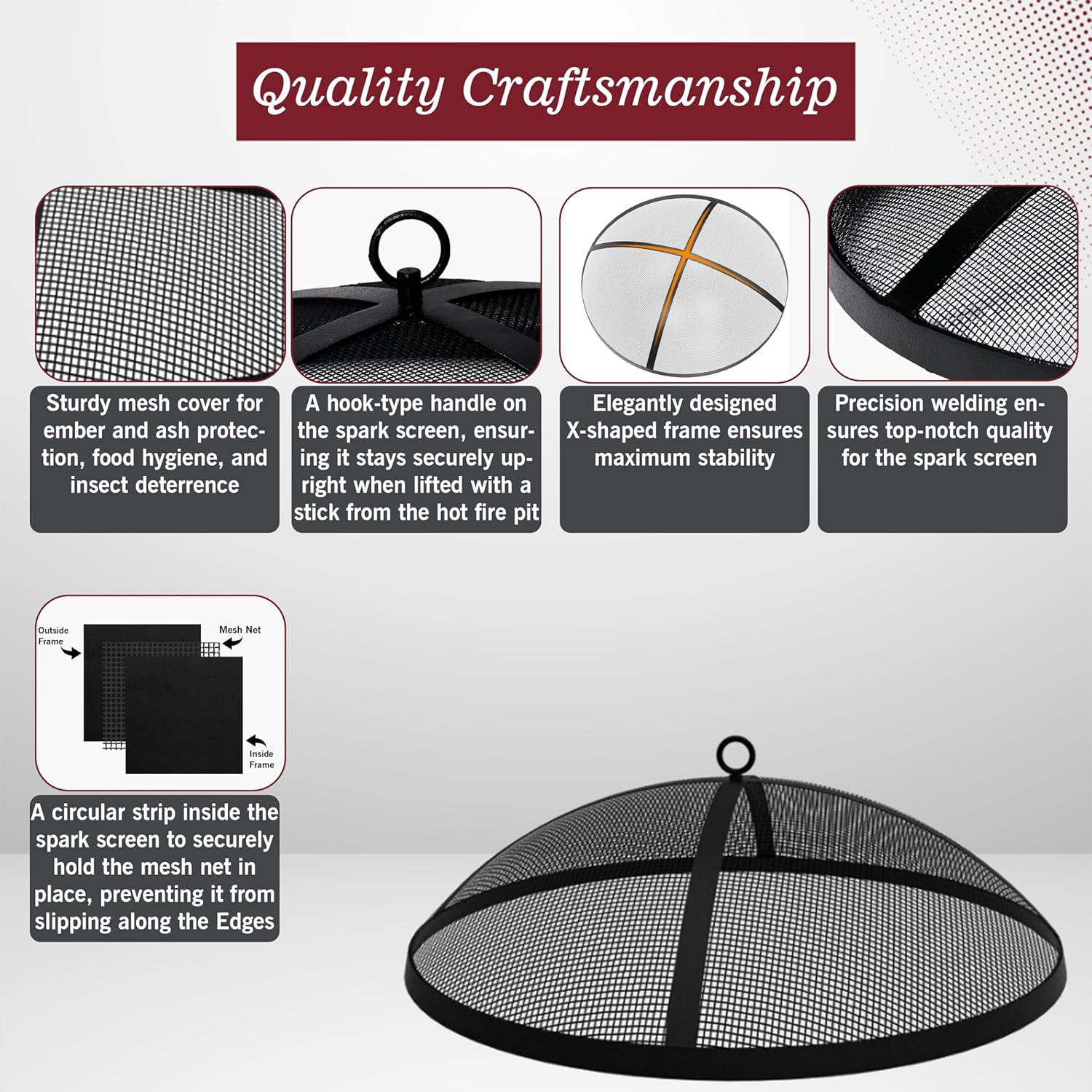 Fire Pit Spark Screen- Heavy Duty Fire Pit Screen 36 Inch Round with Hook Handle—Powder Coated Domed Outdoor Round Patio Mesh Firepit Screens Guard for Outdoor/Patio/Backyard/RV Camping/Beach