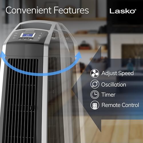 Lasko High Velocity Oscillating Tower Fan for Bedroom, Garage, Basement, and Gym with Remote Control, Timer, 3 Powerful Speeds, 35