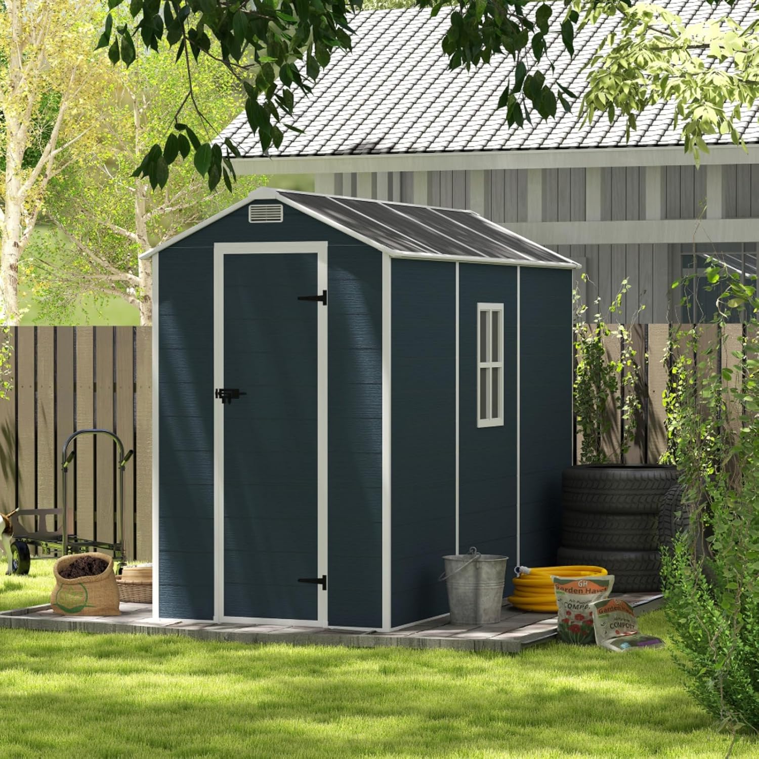 Outdoor Resin Storage Shed for Garden, Backyard, Patio and Lawn, PP Material, Multifunction Tools House, Large Space Shed with Windows and Lockable Doors, Gray (4 * 8FT Dark Gray)