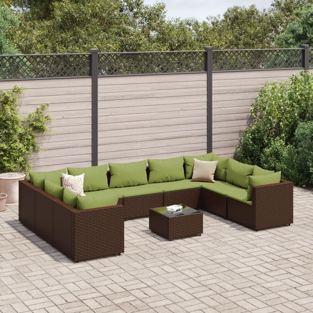 Furniture Sets 10 Piece Patio Lounge Set with Cushions Brown Poly Rattan,Rattan Outdoor Furniture Set Modular Lounge Furniture with Tempered Glass Table Garden Conversation Sets