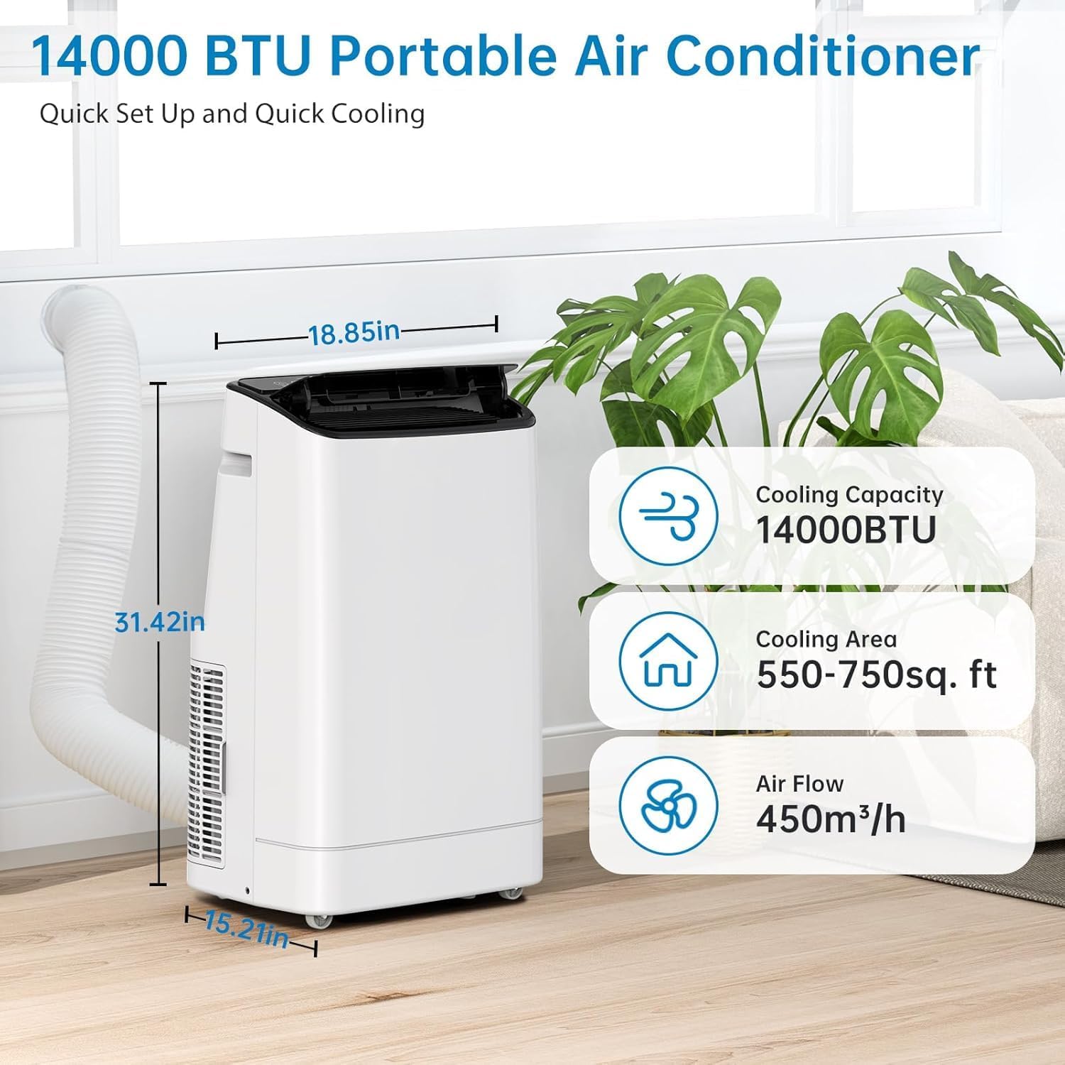 14000 BTU Portable Air Conditioner - 4 in-1 Cooling, Dehumidifier, Fan & Sleep Mode, Quiet AC Unit for Rooms up to 750 Sq.Ft, 24H Timer, Remote & Window Kit Included, Black Top Cover