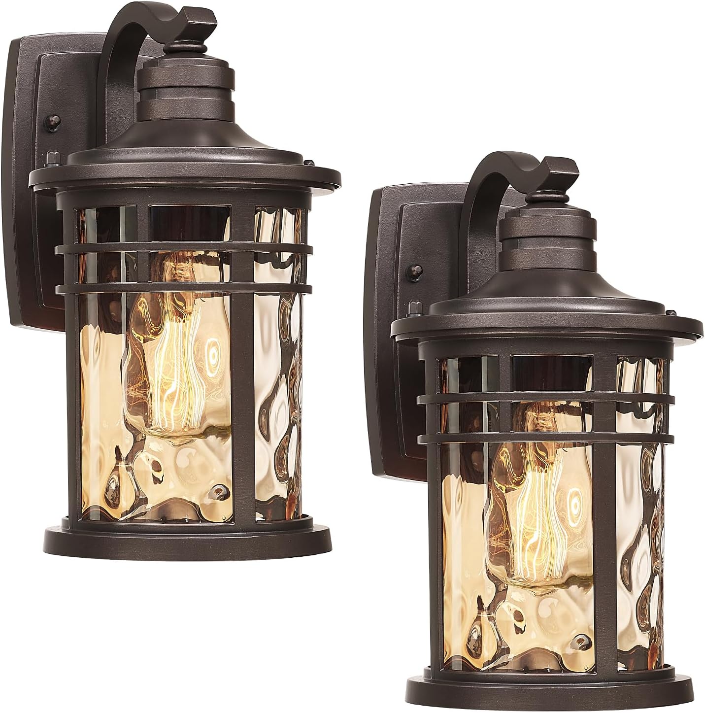 Darkaway Outdoor Wall Light Fixture,Outside Porch Lights Wall Mounted Amber Ripple Glass 2pcs Modern Exterior Waterproof Wall Sconce Lighting for House Front Door Garage