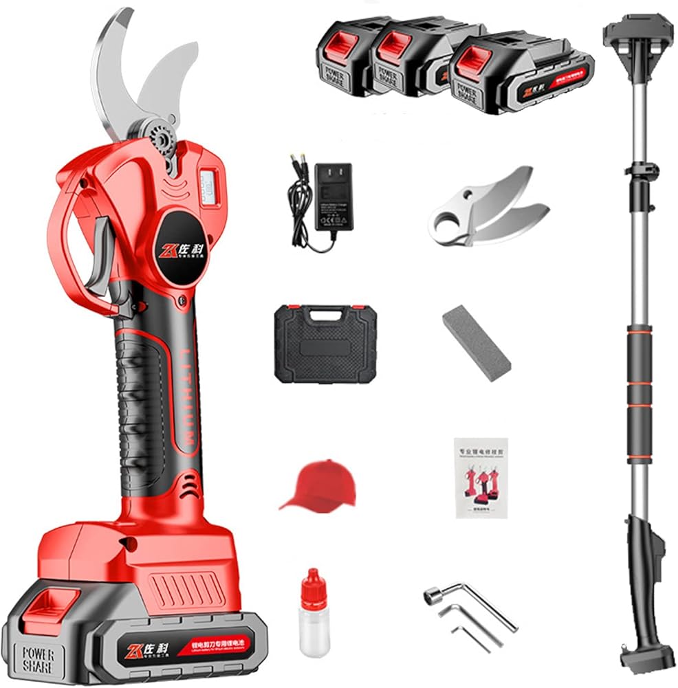 Extendable Tree Pruning Pruner 21V Cordless Electric Pruning Shears, 30mm Cut Electric Pruner Battery Powered,with Extension Pole, LCD Display Screen,3Battery-3blade