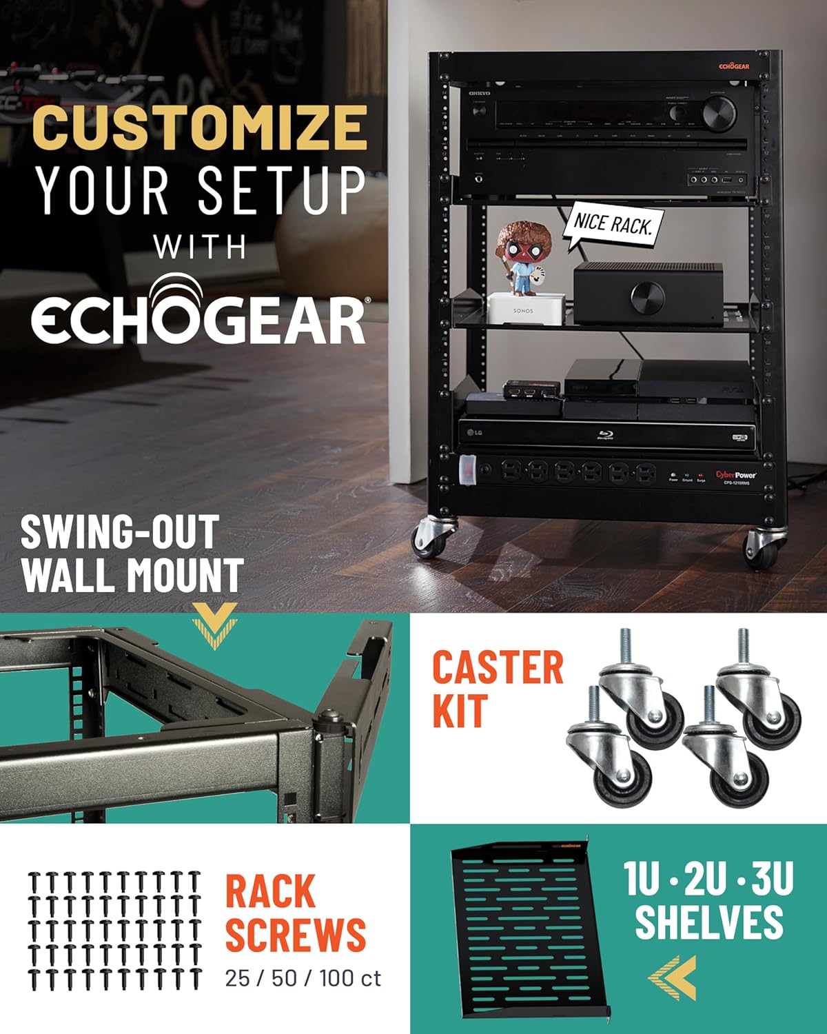 ECHOGEAR 15U Open Frame Rack for Servers & AV Gear - Wall Mountable Design Includes 2X Vented Shelves, 25x Rack Mounting Screws, 4X Leveling Feet, 4X Shelf Stops, & 2X Securement Straps