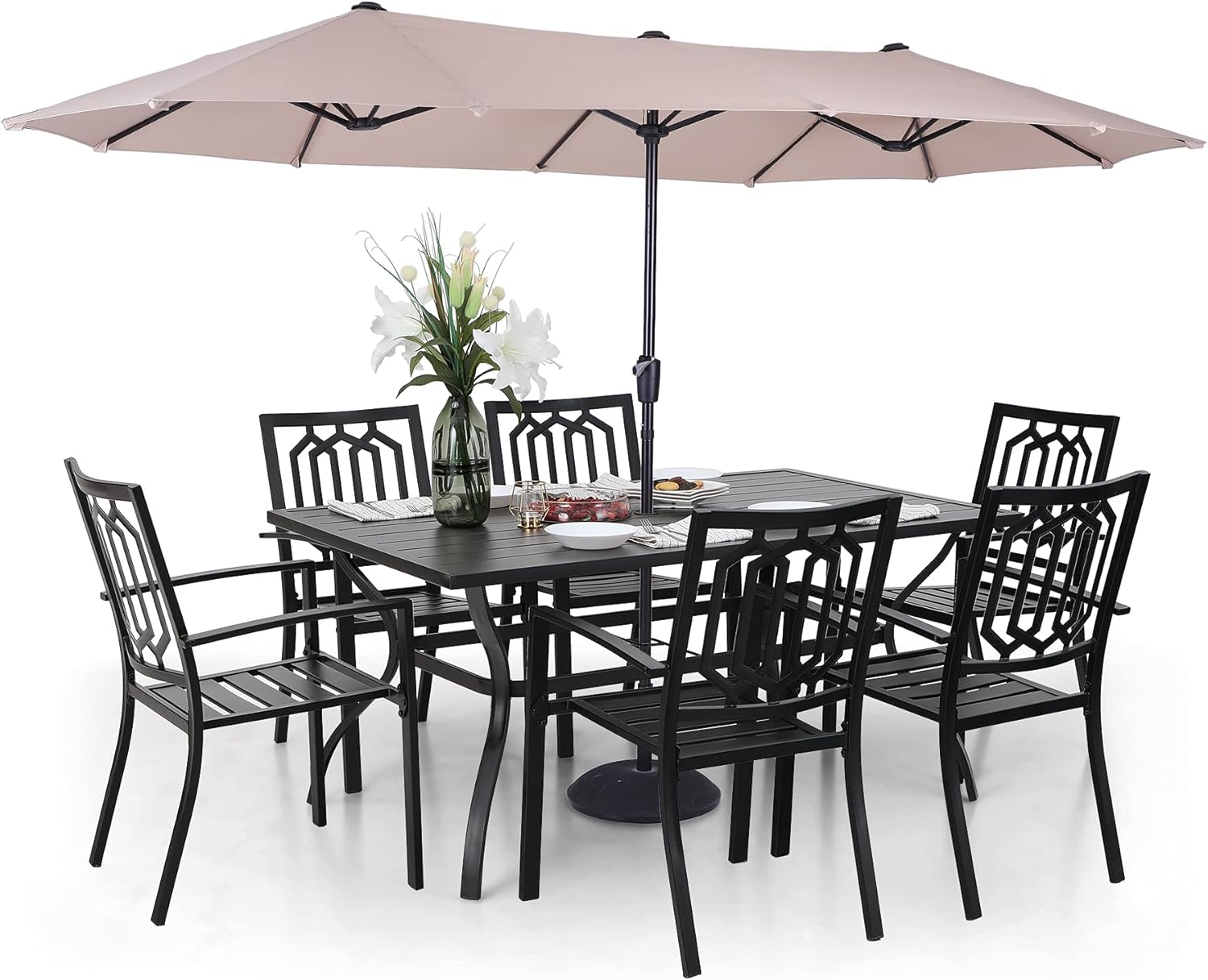 Sophia and William Patio Dining Set for 6 with 13ft Double-Sided Patio Umbrella, 8 Piece Metal Outdoor Table Furniture Set, 6 Outdoor Chairs, 1 Rectangle Dining Table and 1 Large Beige Umbrella