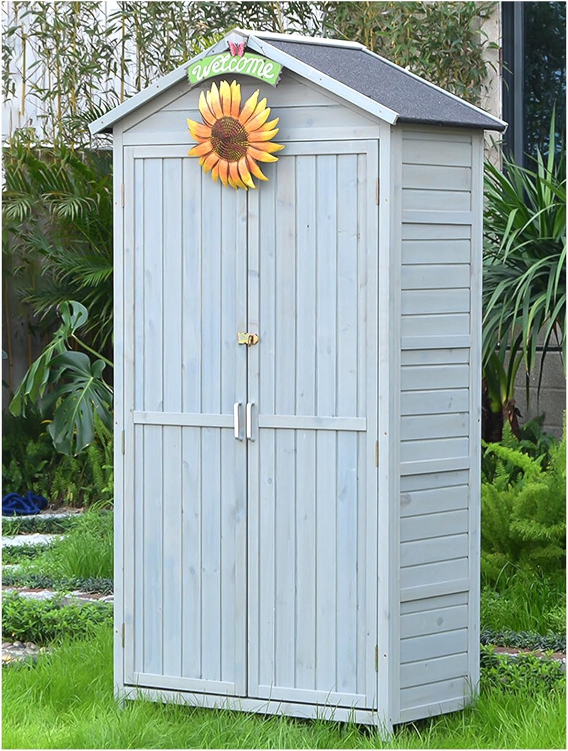 Weather Resistant Outdoor Wooden Garden House with 4 Layers Patio Storage Cabinet Durable Tool Shed for Lawn Mower and Tools Vertical Storage Organizer for Backyard Ideal(Grey 190X100X58Cm)