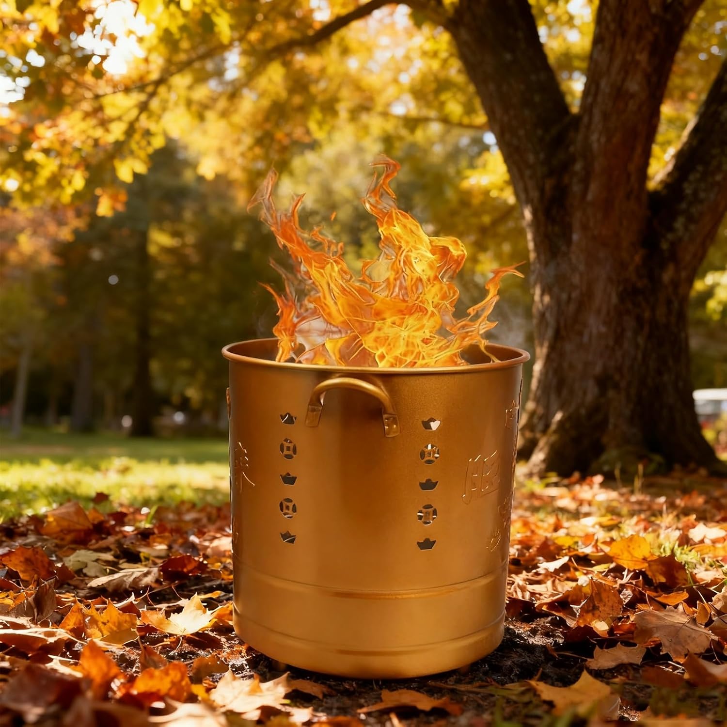 Burn Barrels with Grid and Fire Hook, Stainless Steel Incinerator, Fire Pit for Trash Fallen Leaves Ancestor Money(Gold,Small)