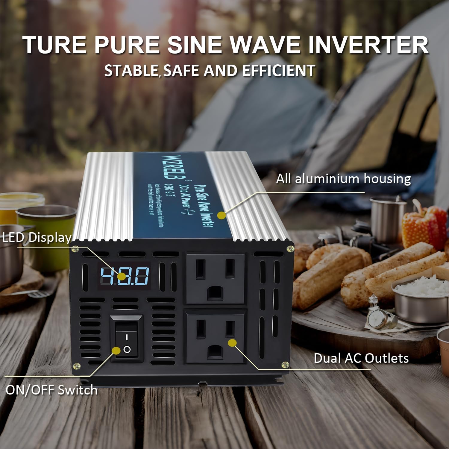 WZRELB 500W Pure Sine Wave Inverter 24V DC to 110V 120V AC Power Converter with LED Display, Off-Grid Portable Power Inverter with 2 AC Outlets for Home, RV, Truck, Camping