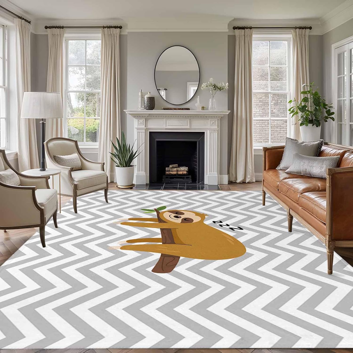 Large Area Rug 8'x10',Funny Sloth Non-Slip Runner Carpet for Living Room/Bedroom,Cute Watercolor Animals on Branch Grey Stripe Outdoor Indoor Rectangle Area Rug Floor Mat for Kitchen/Dining Room