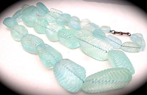 BLUE AQUAMARINE Natural Carved Tumble BEADS Necklace 31 INCHES 40MM TO 14MM