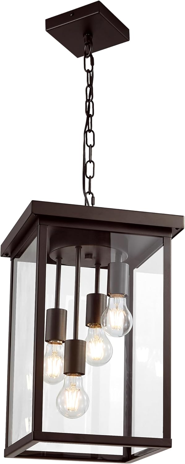 LOUSACE 16'' Outdoor Pendant Light Oil Rubbed Bronze 4-Light Large Outside Pendant Porch Lights Ceiling Haninging Outdoor Chandelier with Clear Glass Exterior Lighting Fixtures for Front Door Entryway