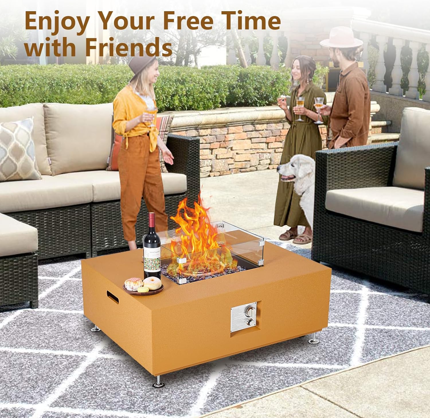 36 Inch Outdoor Propane Fire Pit Table, Gas Patio Heater with Thermostat, Iron Yellow Leather Fire Pit with Crystal Stones, Wind Shield, Cover & Handles